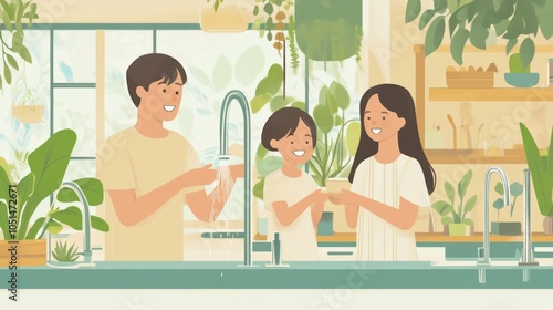 A family using sustainable water practices at home, with water-saving devices such as low-flow faucets and a smart irrigation system for the garden, reducing overall consumption photo