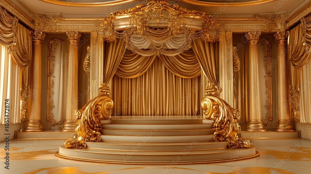 Obraz premium A majestic podium highlighted by opulent gold architecture in the background, representing grandeur and sophistication in a stunning scene.