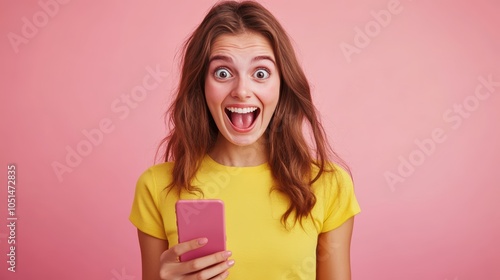 beautiful woman exited surprise face expression . female feels shocked. exciting smile and happy adorable rejoices. Very enjoy and fun relax time. wow, girl holding smartphone. Smile..