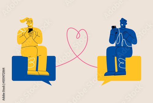 Man and woman communicating online. Online dating concept. Colorful vector illustration