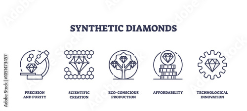 Synthetic diamonds are depicted with icons showing precision, eco-consciousness, and affordability. Outline icons set
