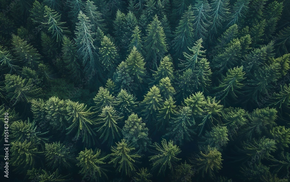 Obraz premium Drone botanical poster. Aerial shot of Nordic lush green blue pine trees, summer mist. Modern Scandi banner, top view, dendritic pattern. Calm Scandinavian forest background. Birds eye view from above