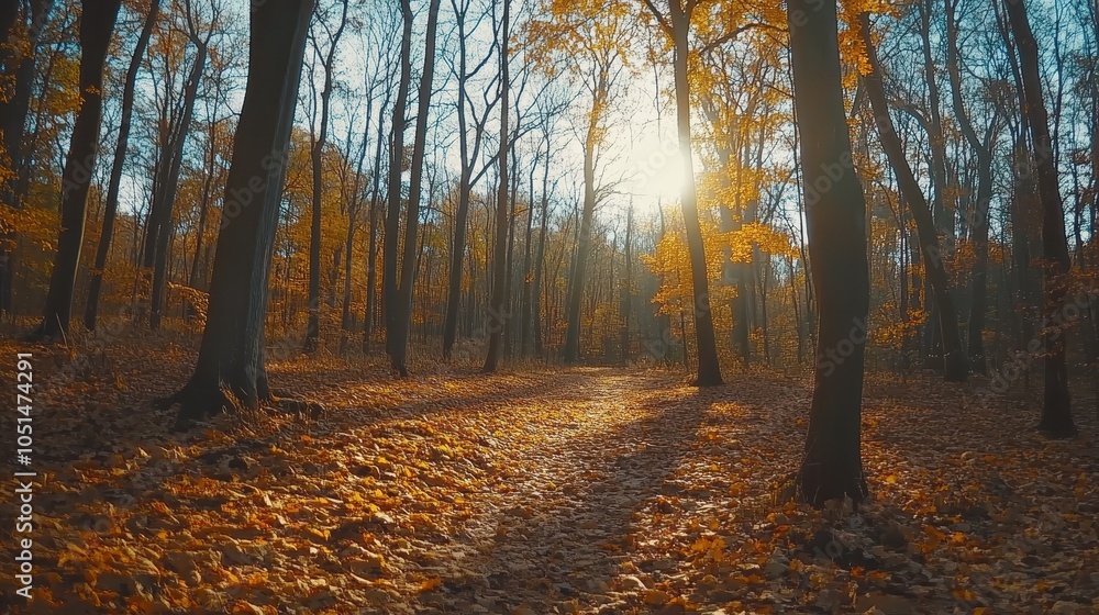 Obraz premium A peaceful forest in autumn, with golden and orange leaves blanketing the ground and gentle sunlight streaming through the trees.