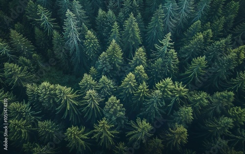 Drone botanical poster. Aerial shot of Nordic lush green blue pine trees, summer mist. Modern Scandi banner, top view, dendritic pattern. Calm Scandinavian forest background. Birds eye view from above