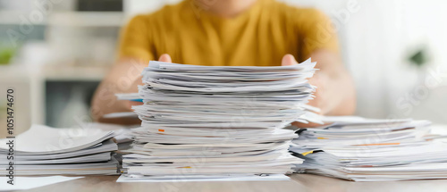 A person surrounded by piles of paperwork, illustrating cluttered workspace and documentation overload, emphasizing the need for organization.