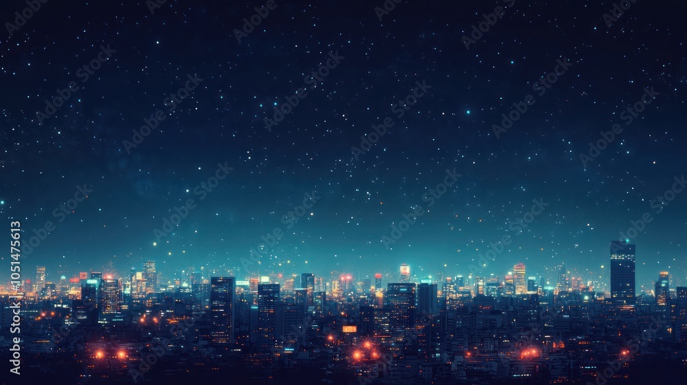 Fototapeta premium A brightly lit urban skyline at night, with an overabundance of streetlights, billboards, and building lights obscuring the stars in the sky, illustrating the impact of light pollution