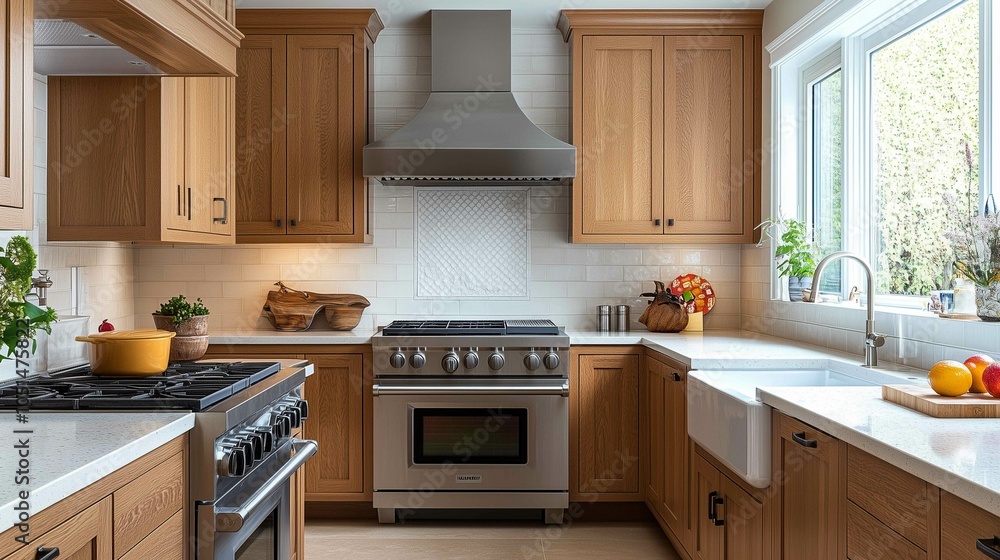 Fototapeta premium Professional photography, modern honey oak cabinets in a transitional kitchen