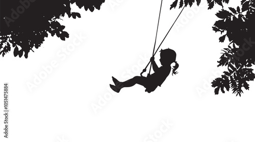 Black silhouette of baby girl flying high with fun on rope swing