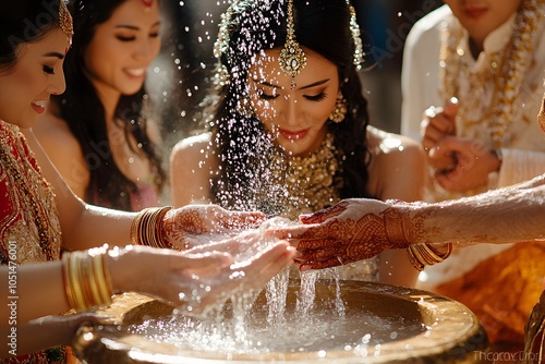 Thailand wedding. guests pouring water over couple's hands photo