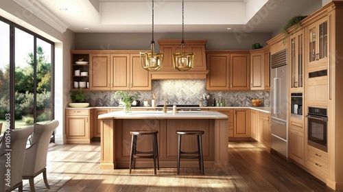 Professional photography, modern honey oak cabinets in a transitional kitchen