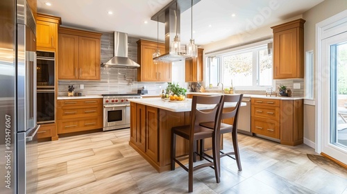 Professional photography, modern honey oak cabinets in a transitional kitchen
