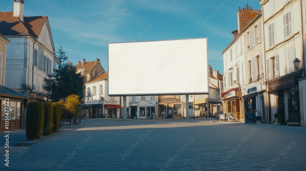 A white billboard in a small-town square, surrounded by quaint shops and a historic town hall.
A white billboard in a small-town square, surrounded by quaint shops and a historic town hall.