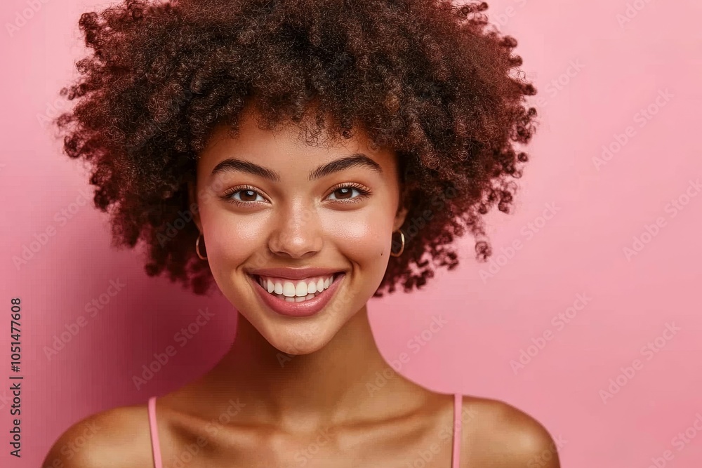 Beautiful woman with Afro hair laughing happily in a studio, Generative AI Beautiful woman with Afro hair laughing happily in a studio, Generative AI