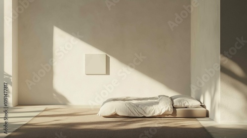 Modern minimalistic interior, a bed in the bedroom against an empty white wall, a carpet on the floor, a small square unframed painting on the wall
 photo