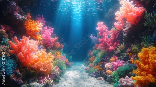 Vibrant underwater scene with colorful coral reefs and sunlight.