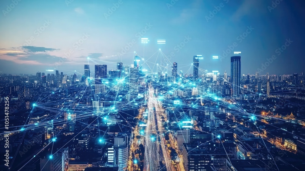 Fototapeta premium Cityscape with skyscrapers, digital connections, and various transportation methods showcasing the modern effects of globalization.