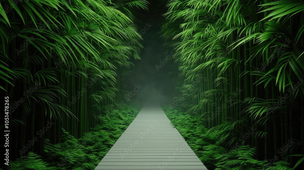 Serene pathway through a lush bamboo forest, surrounded by vibrant green foliage under soft mist, inviting tranquility and nature's beauty. Serene pathway through a lush bamboo forest, surrounded by vibrant green foliage under soft mist, inviting tranquility and nature's beauty.