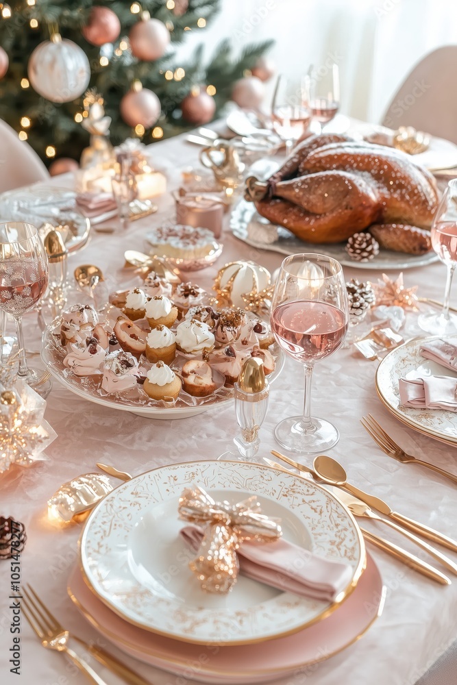 Christmas table with desserts and food, turkey roast, crackers, glasses of wine Christmas table with desserts and food, turkey roast, crackers, glasses of wine