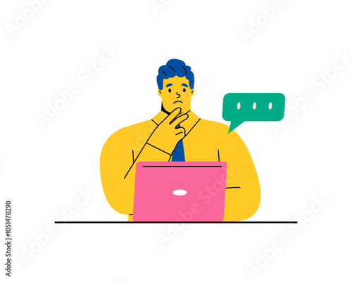 Online communication business man with laptop chat.  Flat vector illustration isolated on white background