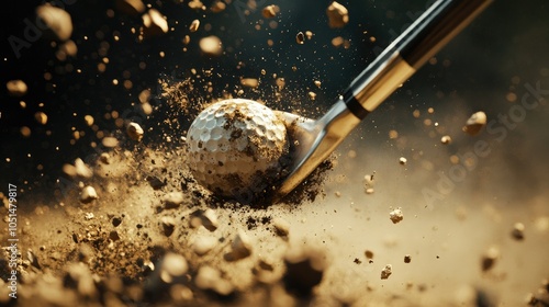 Dramatic close-up of a golf club hitting a ball, with dirt flying and the ball deforming slightly on impact, full of energy. photo