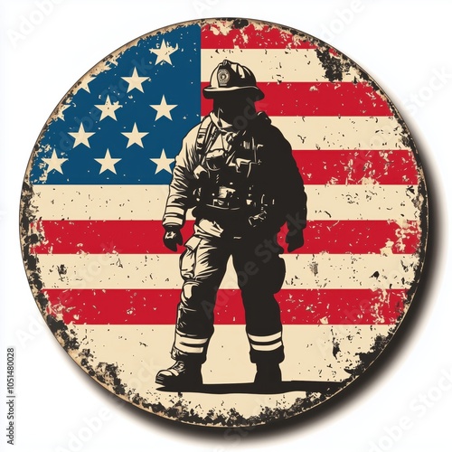 Resin fridge magnet with 3D relief effect, vector logo of the USA firefighter on the background of the American flag, retro style, simple shape, white background