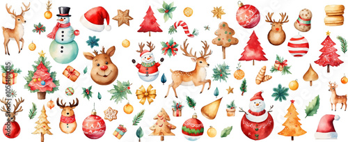 Christmas elements set design. Christmas collection of bells, Santa, deer, cookies, showman, tree, Hand Drawn Christmas Doodles, Christmas Celebration Related Object in Watercolor Style Illustration