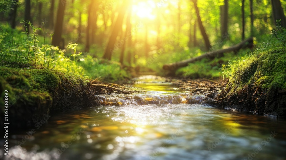 Obraz premium A serene image of a blurred forest stream, providing a calming backdrop for creativity, with ample space for personalized messages.