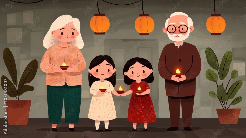 Fototapeta premium A family gathers for a celebration, holding small lamps, surrounded by plants and warm lanterns, conveying joy and togetherness.