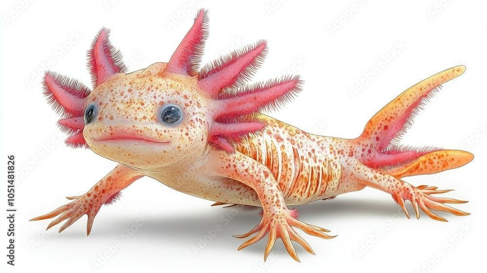 Fototapeta premium A pink and orange axolotl with feathery gills and a white background.
