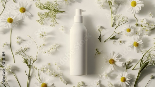 Sleek white skincare bottle placed on white backdrop with scattered flowers, emphasizing soft, natural beauty close-up