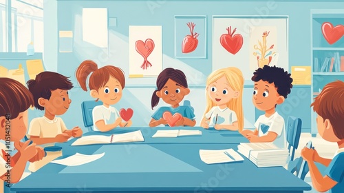 A group of diverse elementary school children sitting around a desk in a classroom with hearts on their shirts. They appear to be working on a project together.