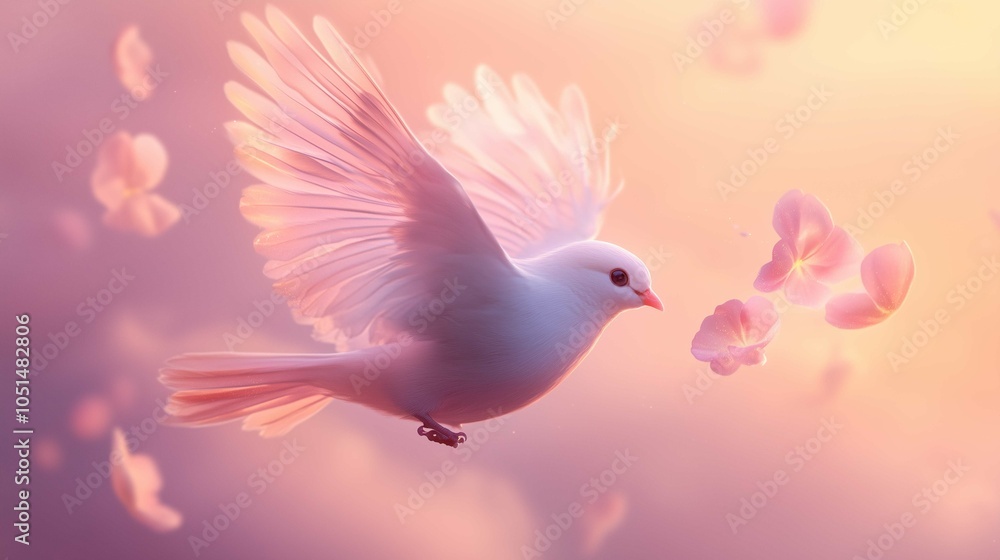 Obraz premium A tiny, graceful bird with feathers resembling soft, pastel petals that glow faintly in the sky. Its wings flutter lightly, and when it flies, a trail of glowing petals falls from its body, dissol
