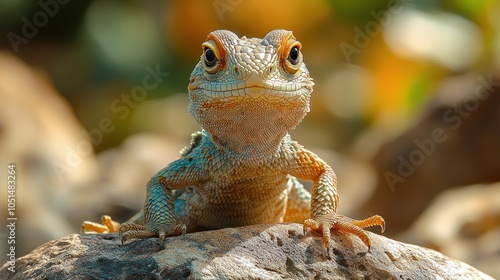 A close-up of a lizard perched on a rock in nature.