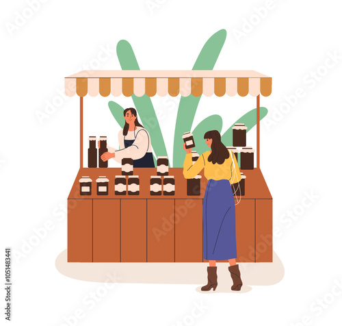 Market stall, vendor selling natural honey, jam in jars. Outdoor kiosk, street stand with customer choosing organic product, healthy farm produce. Flat vector illustration isolated on white background