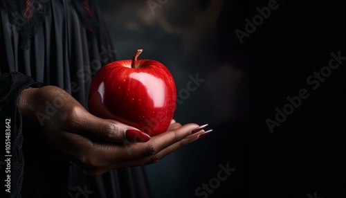 witch hand holding a red apple