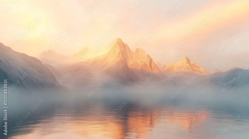 Obraz premium Scenic mountains at dawn, their peaks kissed by golden light, with the sky reflecting soft pastel colors. A tranquil and inspiring moment in nature.
