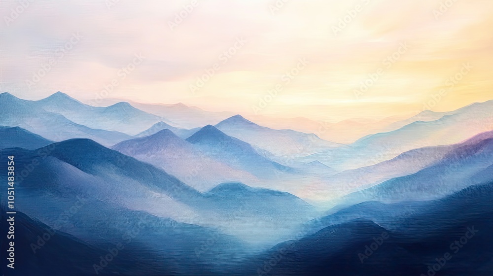 Obraz premium Scenic mountains at dawn, their peaks kissed by golden light, with the sky reflecting soft pastel colors. A tranquil and inspiring moment in nature.