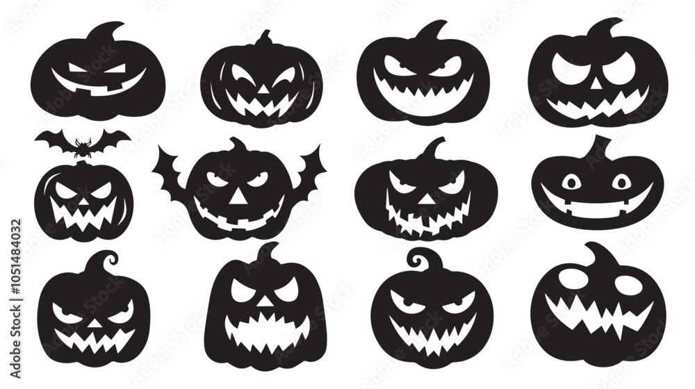 Obraz premium Black silhouettes of Halloween pumpkin faces isolated, black silhouettes isolated on white background