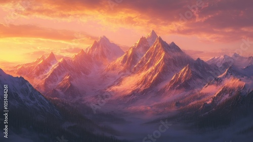 Soft pastel skies greet sun-kissed mountains at dawn, with golden light warming the peaks. The serene landscape offers a moment of peace and beauty.