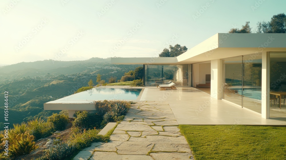 Fototapeta premium A modern villa features a terraced design, expansive sliding glass doors, and a rooftop pool. The home offers views of a valley and is surrounded by a well-kept garden and stone pathways.