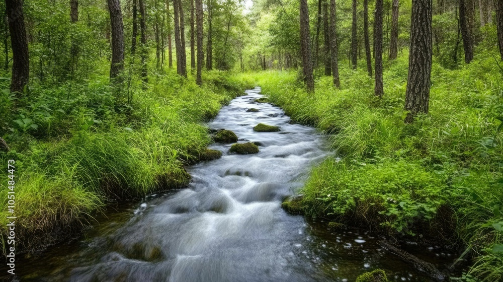 Fototapeta premium A softly blurred forest stream flowing through lush greenery, offering a tranquil backdrop with ample copy space for personalization.