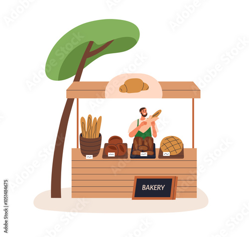 Bakery stall at outdoor market. Artisan baker behind kiosk counter, selling fresh sourdough bread, baguettes, buns. Baked produce at local stand. Flat vector illustration isolated on white background