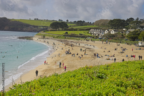 Gyllyngvase beach on an early Spring day, Falmouth, Cornwall, UK.
