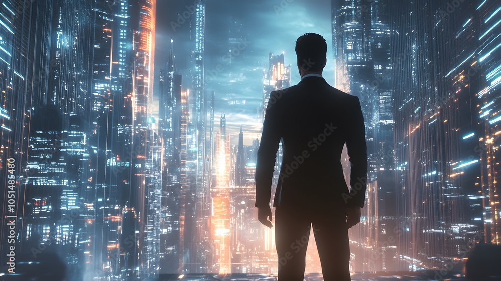 Business man on future network city. Business man on future network city.