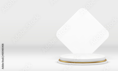 3d white luxury cylinder podium with rhombus wall background realistic vector illustration. Light pedestal with golden decorative element elegant showcase for product presentation show