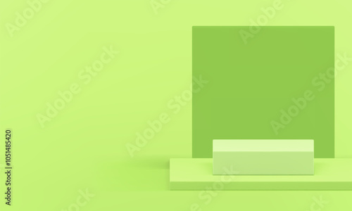 3d light green podium geometric showcase for product show realistic vector illustration. Trendy minimalist aesthetic squared pedestal with wall background display mockup for cosmetic presentation