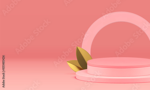 3d pink cylinder podium with arch wall background for presentation realistic vector illustration. Elegant luxury pedestal with golden leaves mockup feminine beauty cosmetic product show advertising