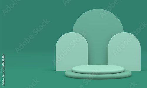 3d green trendy podium display for product presentation realistic vector illustration. Minimalist aesthetic showcase cylinder pedestal with semi circle geometric shape wall background for show