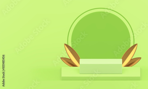 3d light green podium with golden leaves for presentation realistic vector illustration. Trendy elegant luxury squared pedestal with round wall background for product show shopping sale
