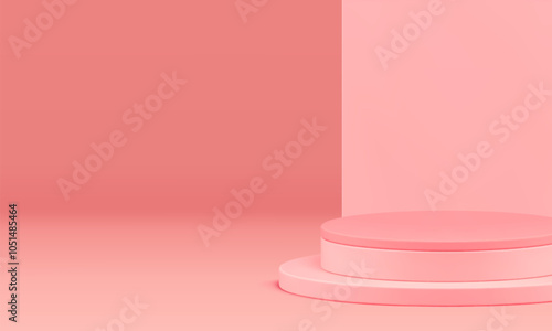 3d cylinder podium pink feminine showroom mock up for cosmetic product show realistic vector illustration. Elegant trendy pedestal wall background minimalist showcase for beauty shopping presentation